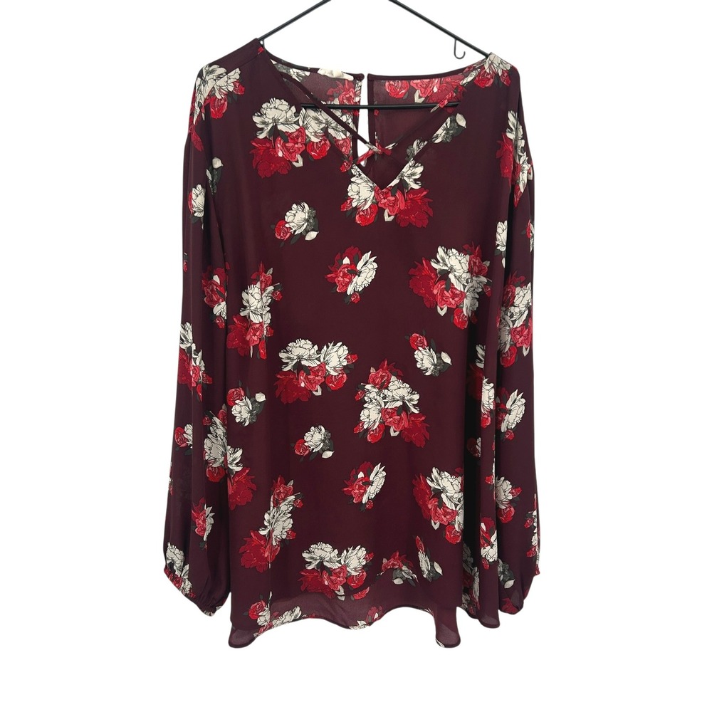 Burgundy Sheer Floral Blouse 4X Long Sleeve Tunic Dark Romantic Cottagecore Boho